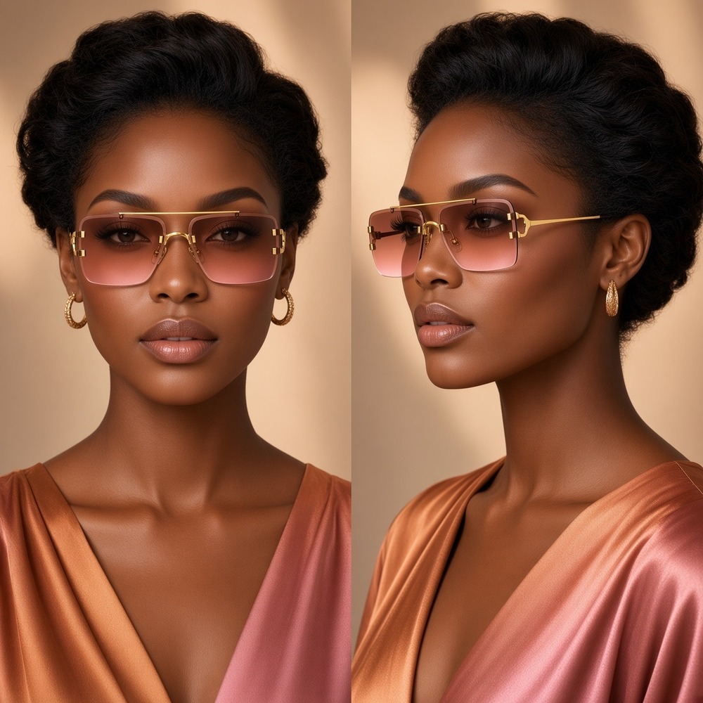 Rimless Square Sunglasses Gold Frame Pink Lens Women Eyewear Trendy Elegant 2026